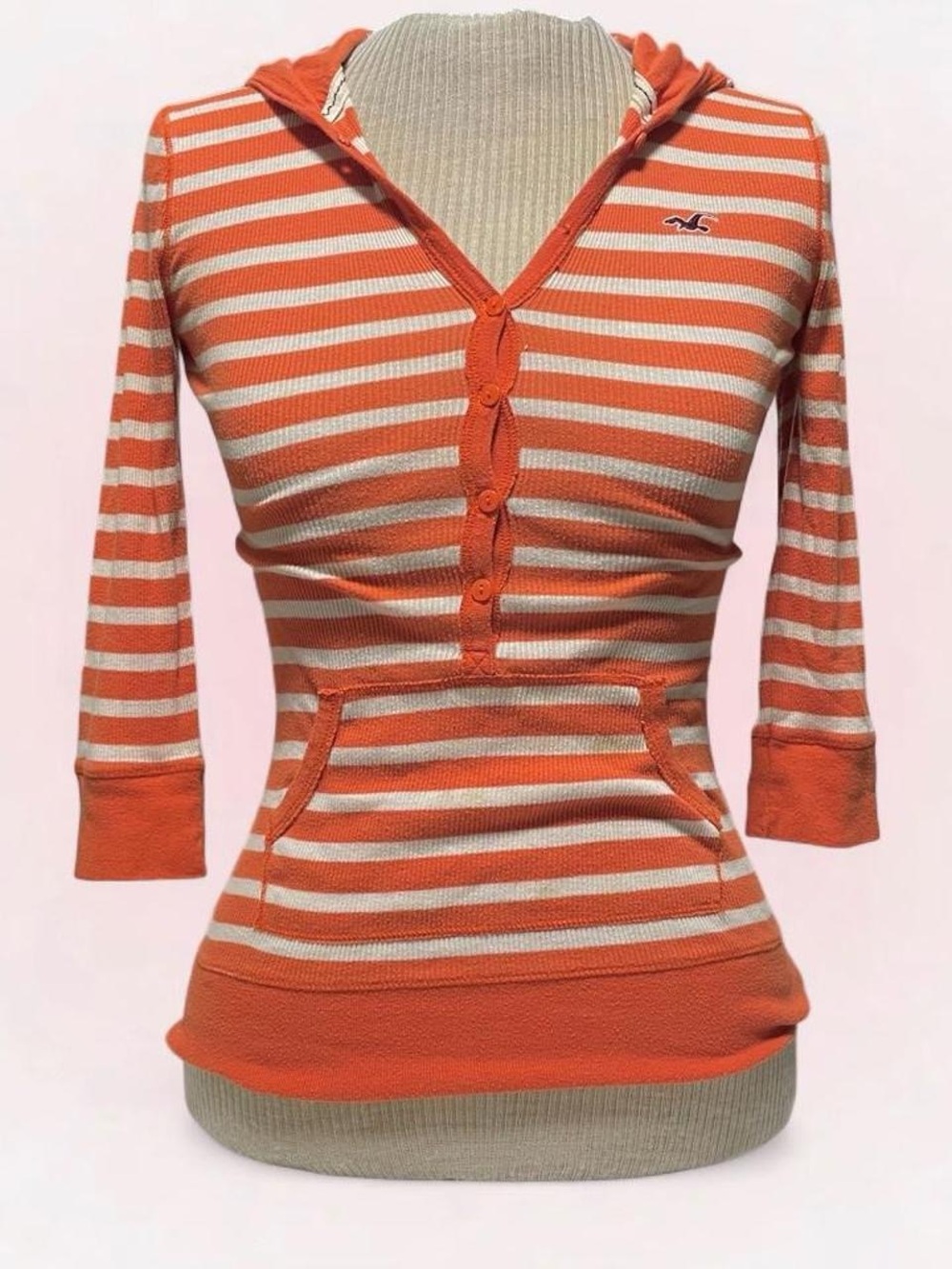 Hollister Orange & white Striped Hooded Henley